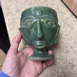 Pottery Face Mug Cup Vessel Green Glazed Unmarked unique